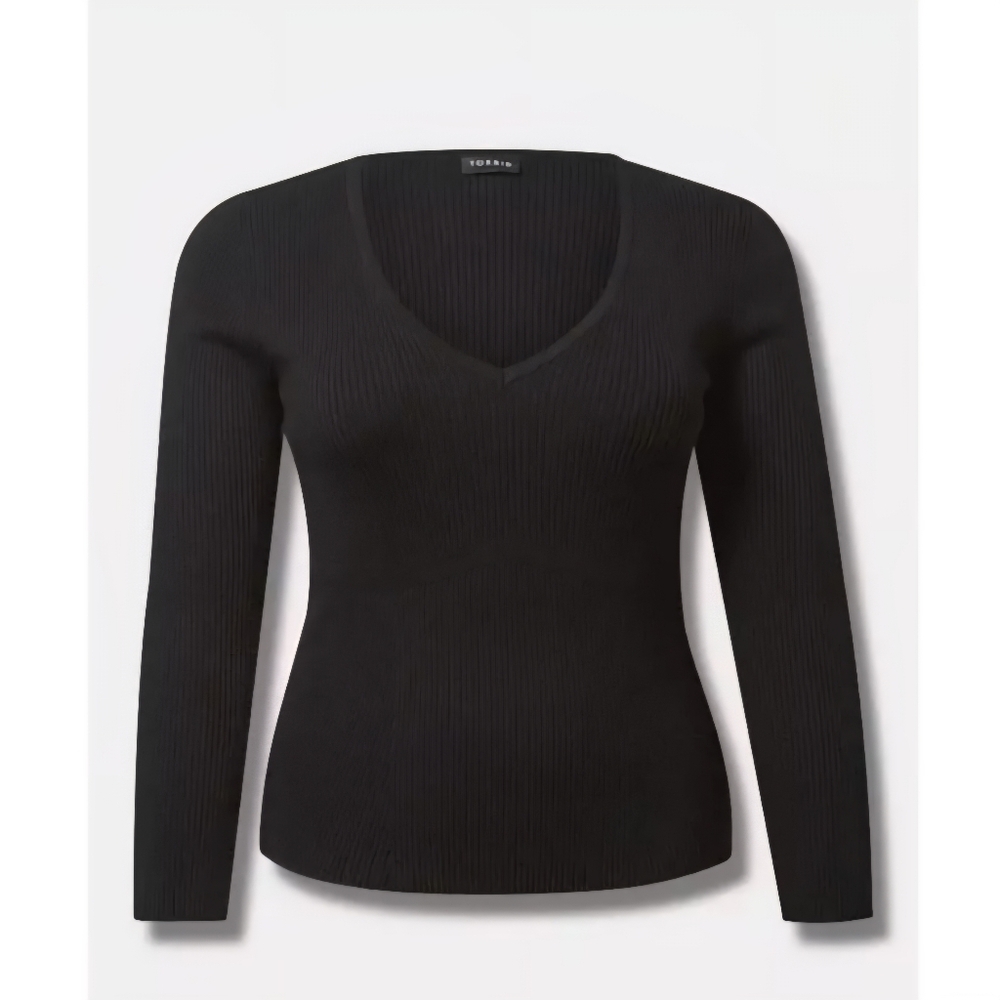 Torrid Women's Black Ribbed V-Neck Rayon Knit Sweater Size 3X Long Sleeve. - Picture 1 of 10